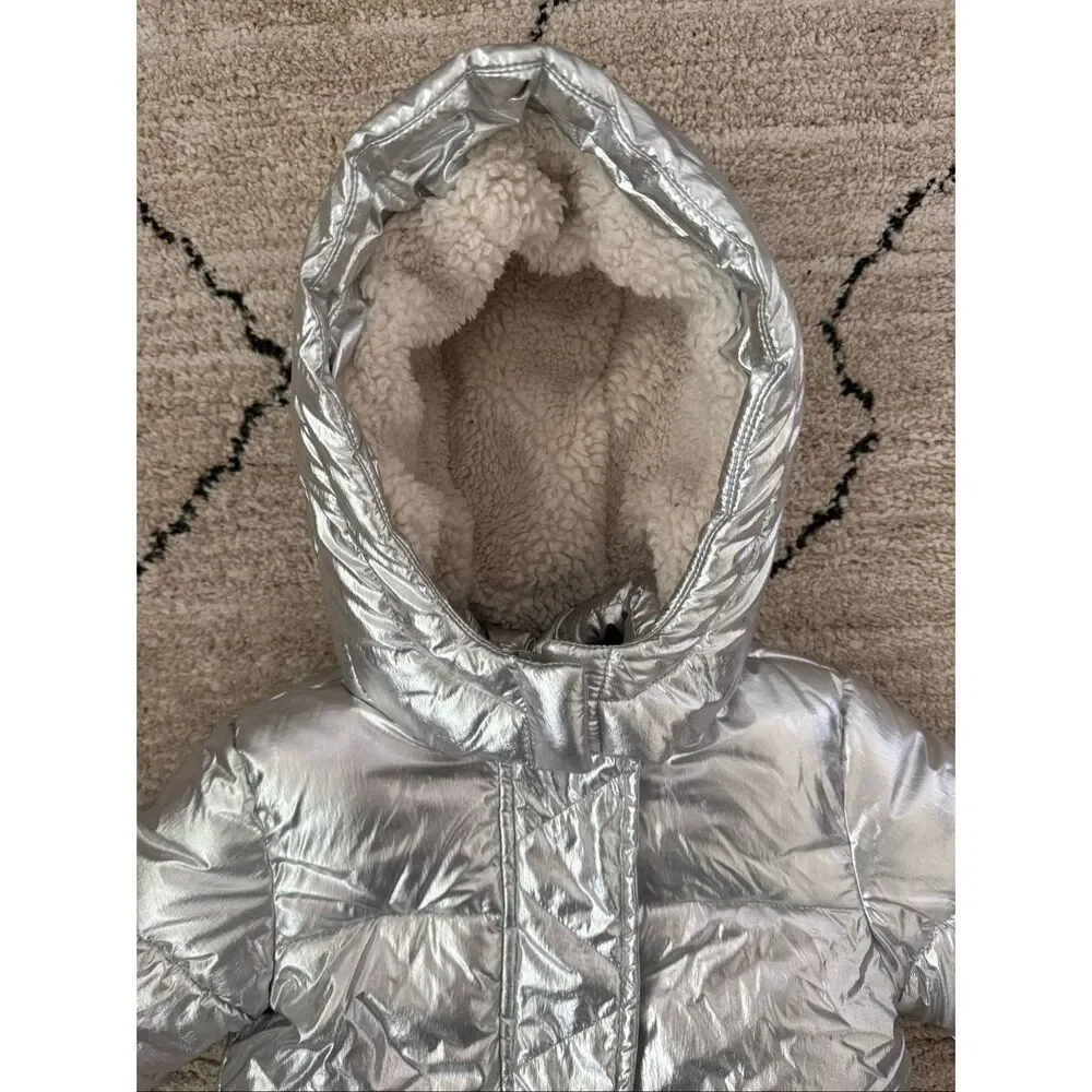 GAP 2T Girls Silver Metallic Hooded Sherpa Puffer Winter Jacket